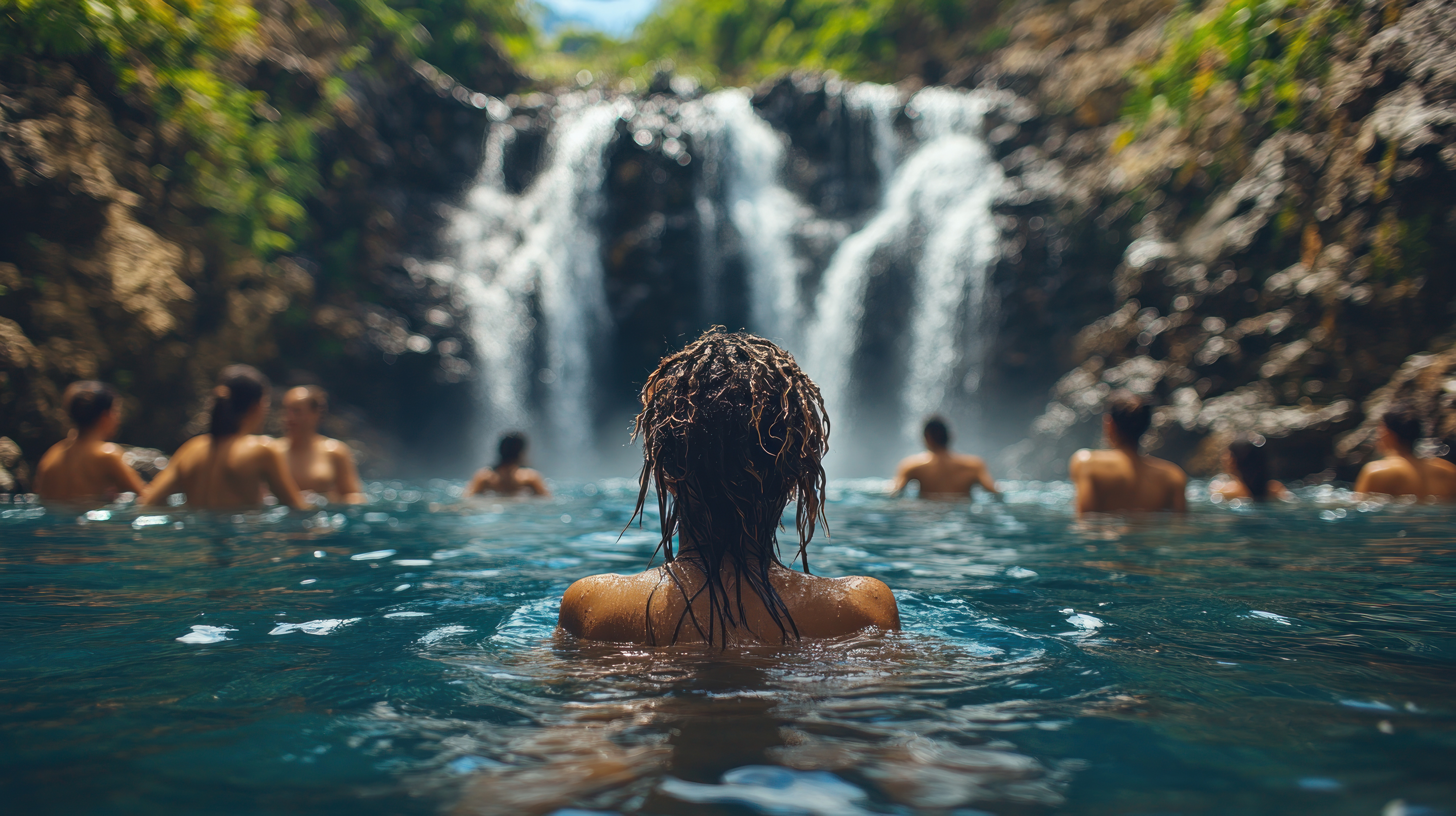 Woman Swimming in Waterfall Pool Personnes se baignant dans une piscine naturelle en Guadeloupe