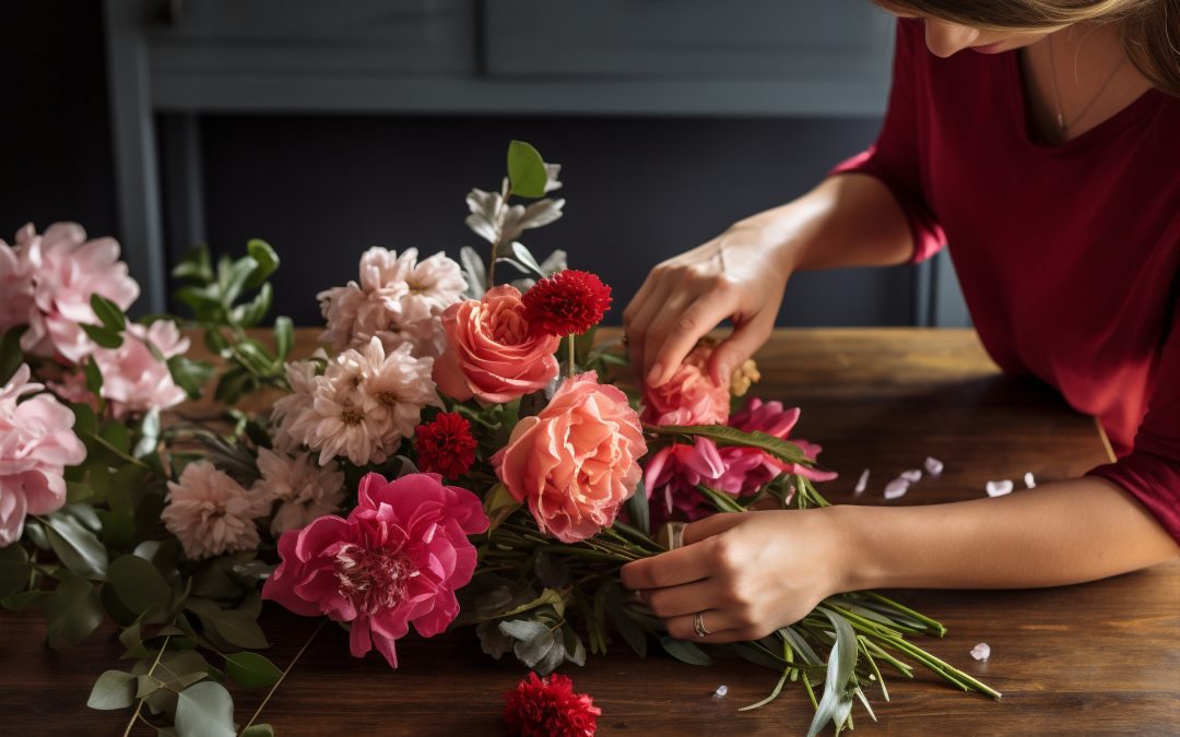 Fleuriste guadeloupéen créant un bouquet romantique en boutique 100% Gwada