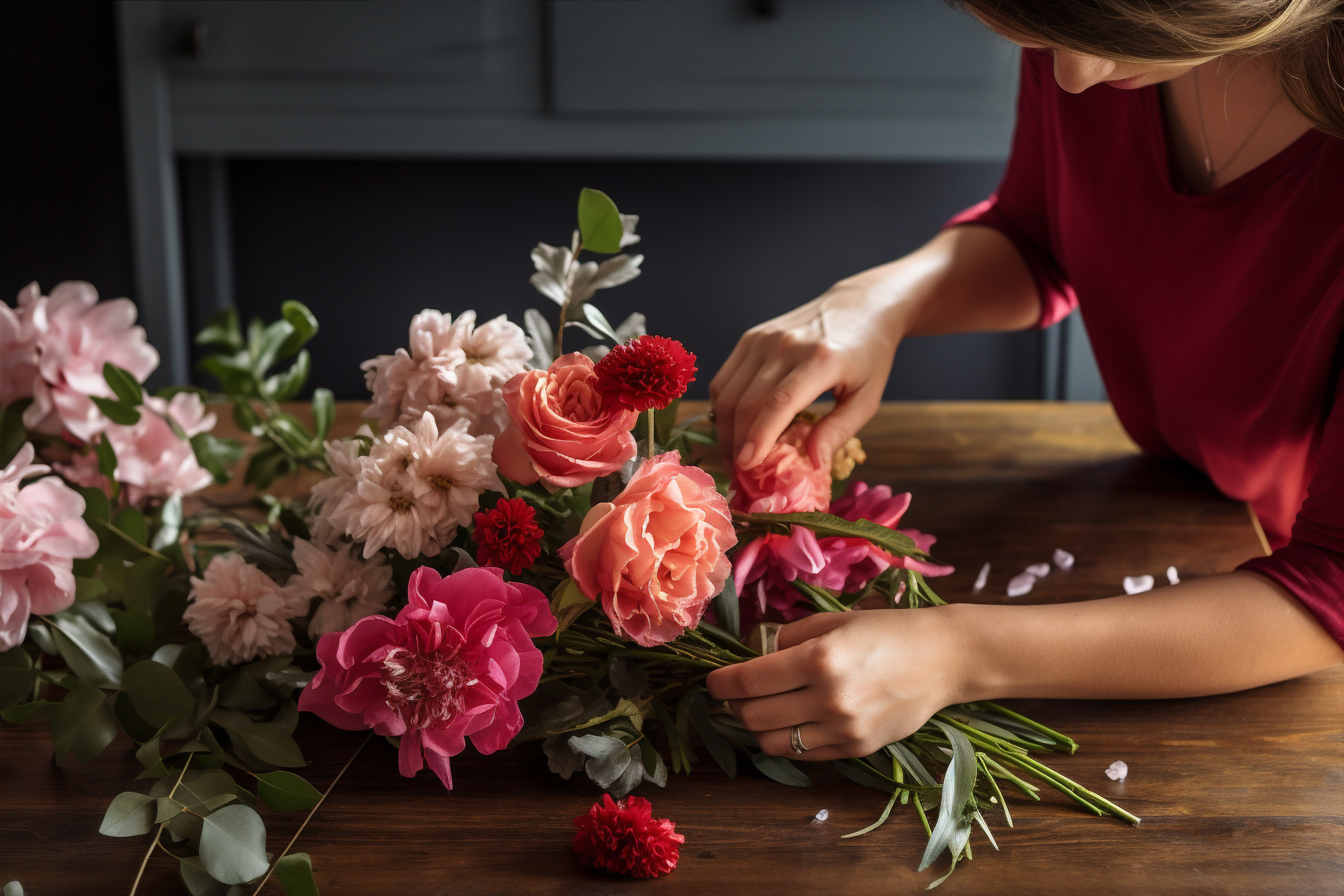 Fleuriste guadeloupéen créant un bouquet romantique en boutique 100% Gwada