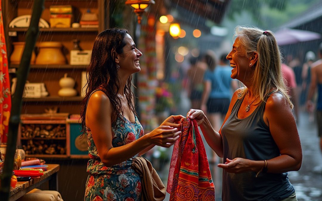 scène réaliste d'un marché nocturne en Guadeloupe avec des gens faisant leurs achats