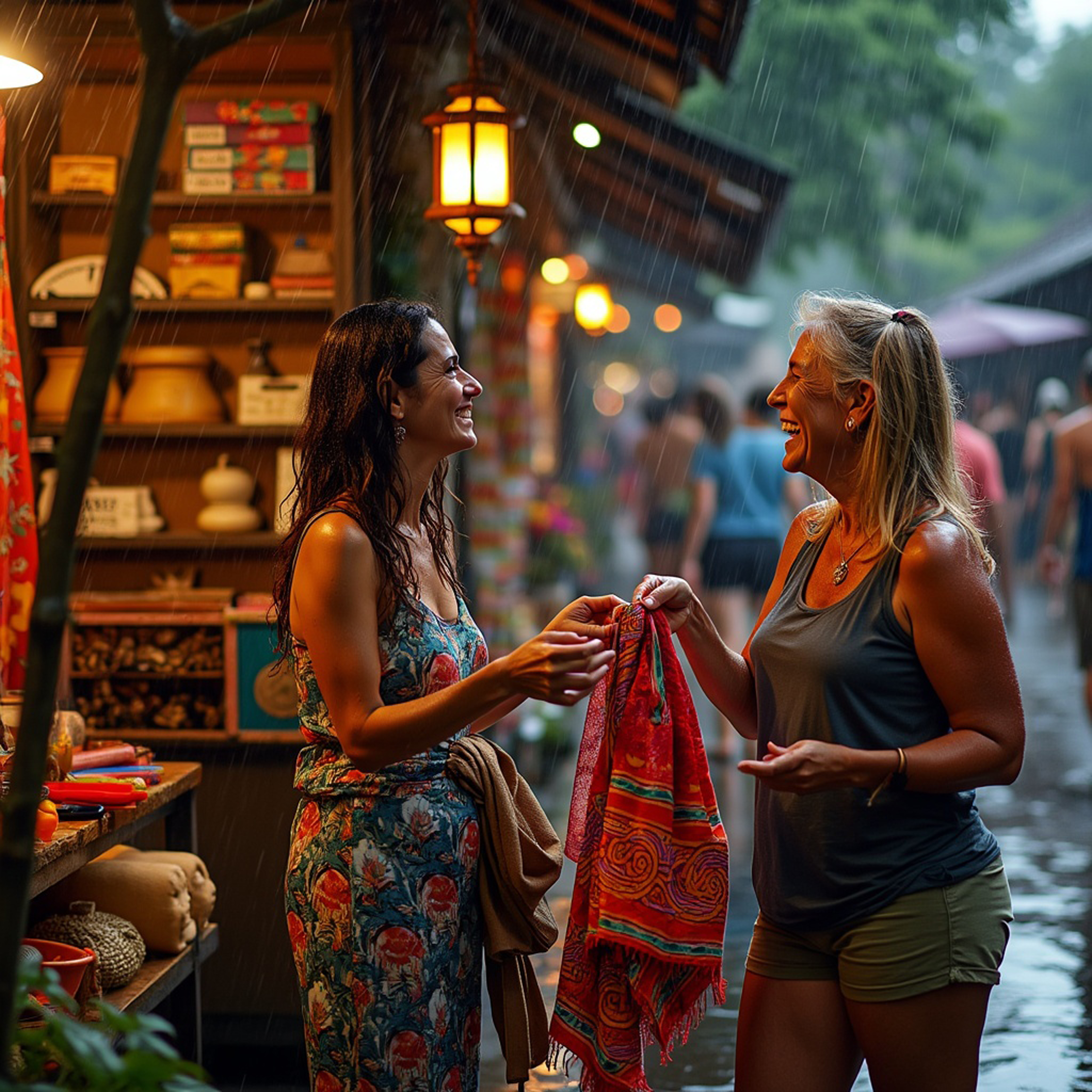 scène réaliste d'un marché nocturne en Guadeloupe avec des gens faisant leurs achats