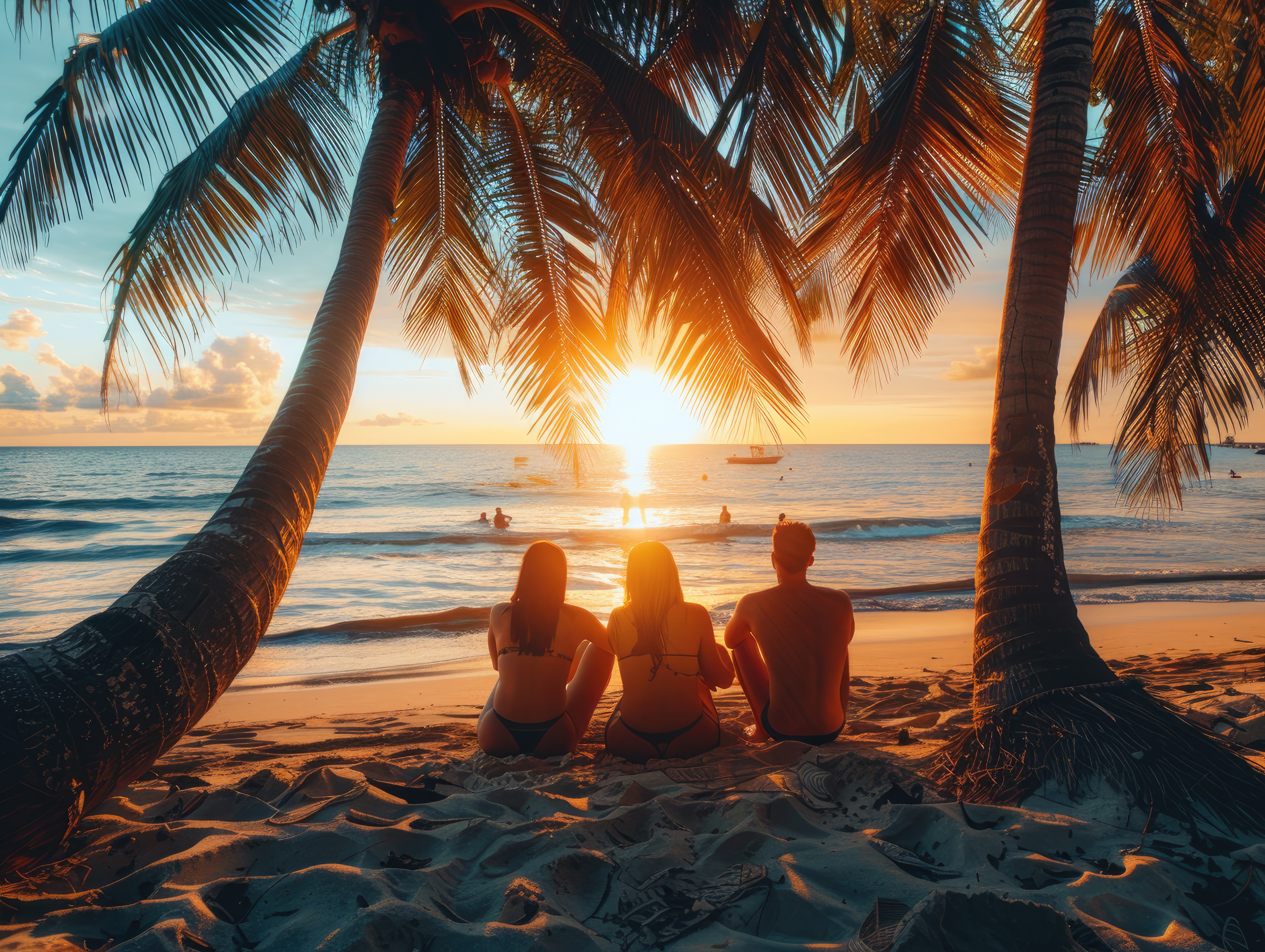 People relaxing on a tropical beach under palms. personnes détendues sur une plage paradisiaque en Guadeloupe