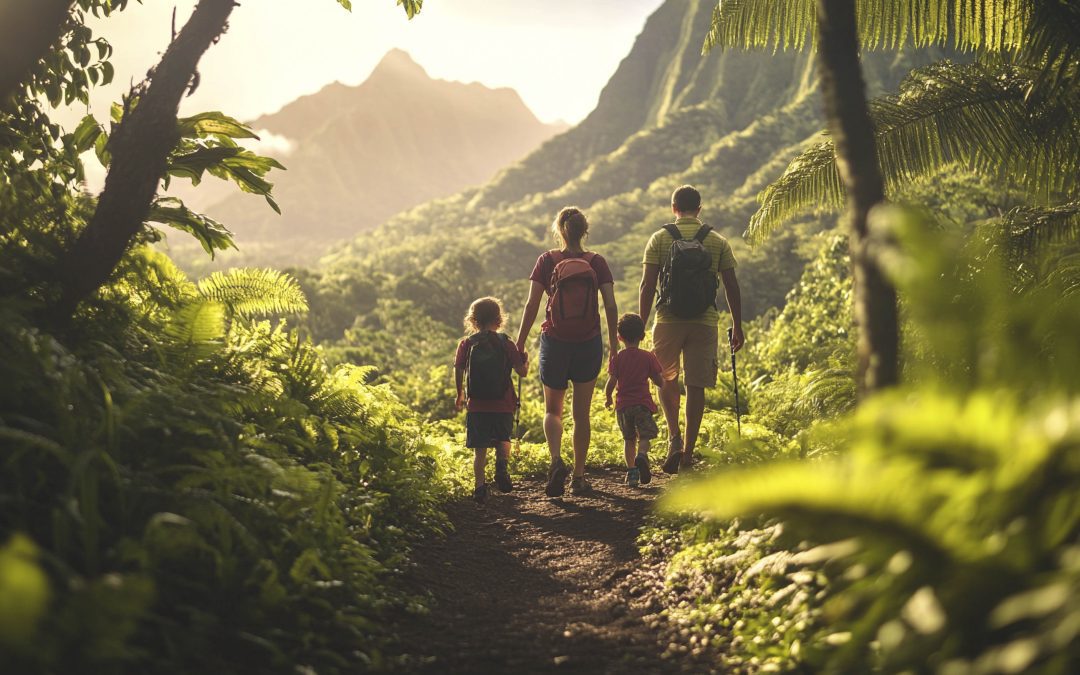 Famille en randonnée dans une forêt tropicale en Guadeloupe