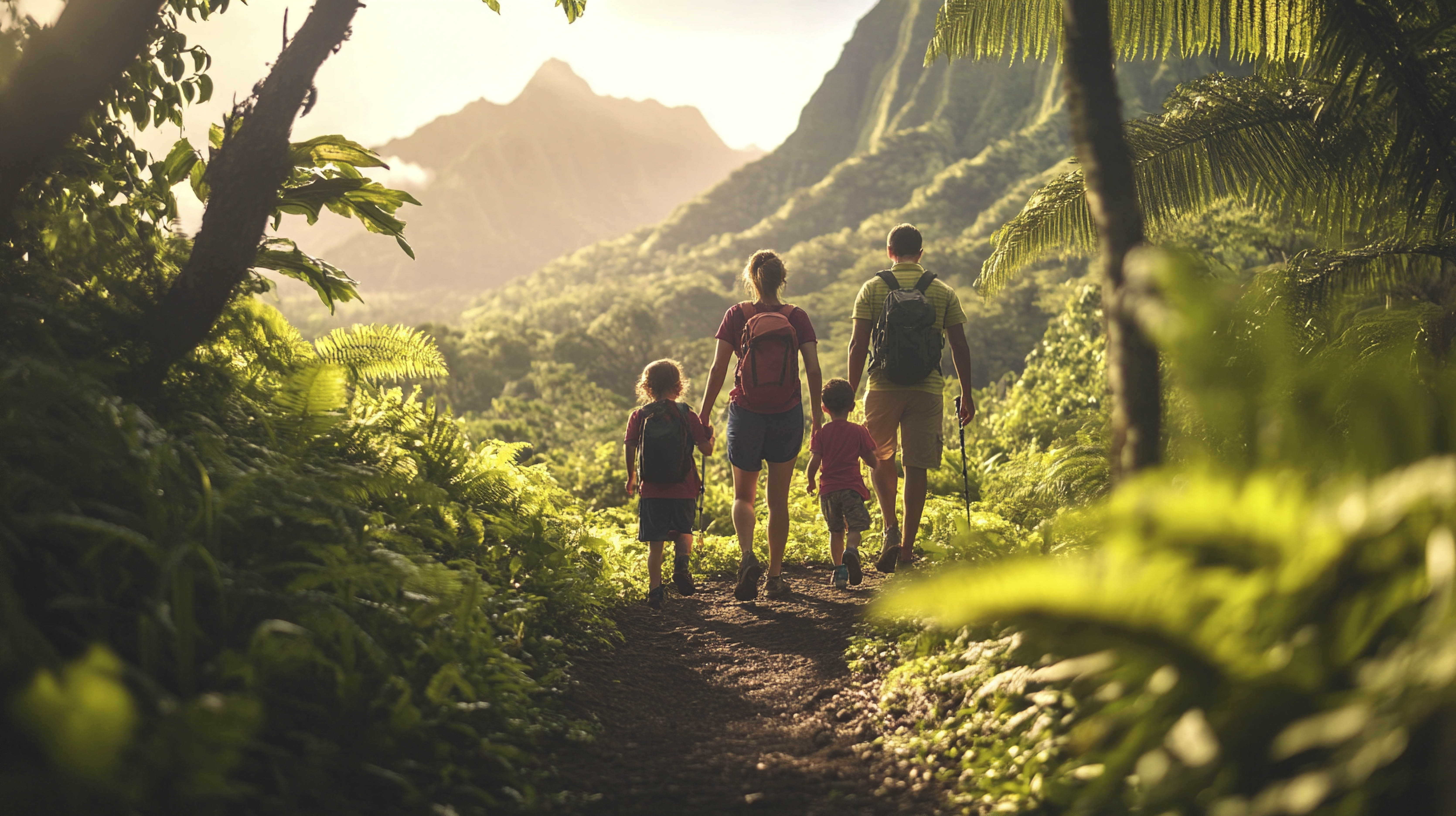 Famille en randonnée dans une forêt tropicale en Guadeloupe