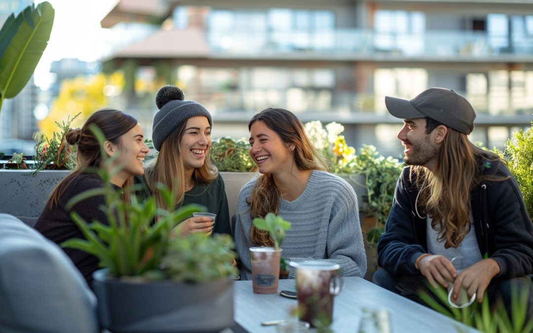Groupe d'amis partageant un brunch sur un rooftop avec vue en Guadeloupe