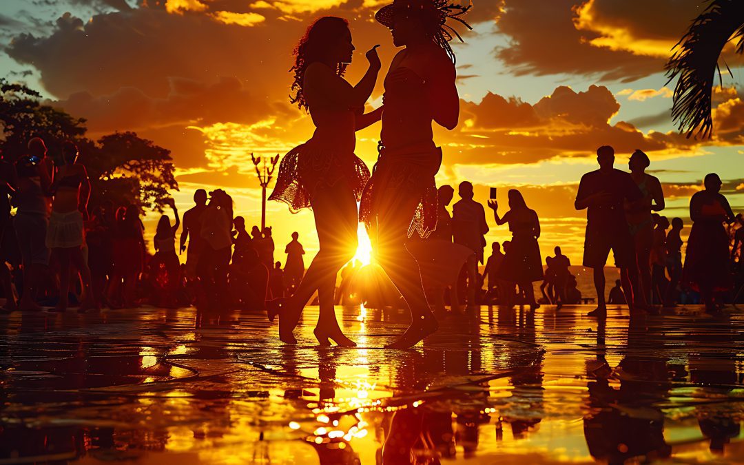 soirée plage en action au coucher de soleil en Guadeloupe, ambiance festive et réaliste
