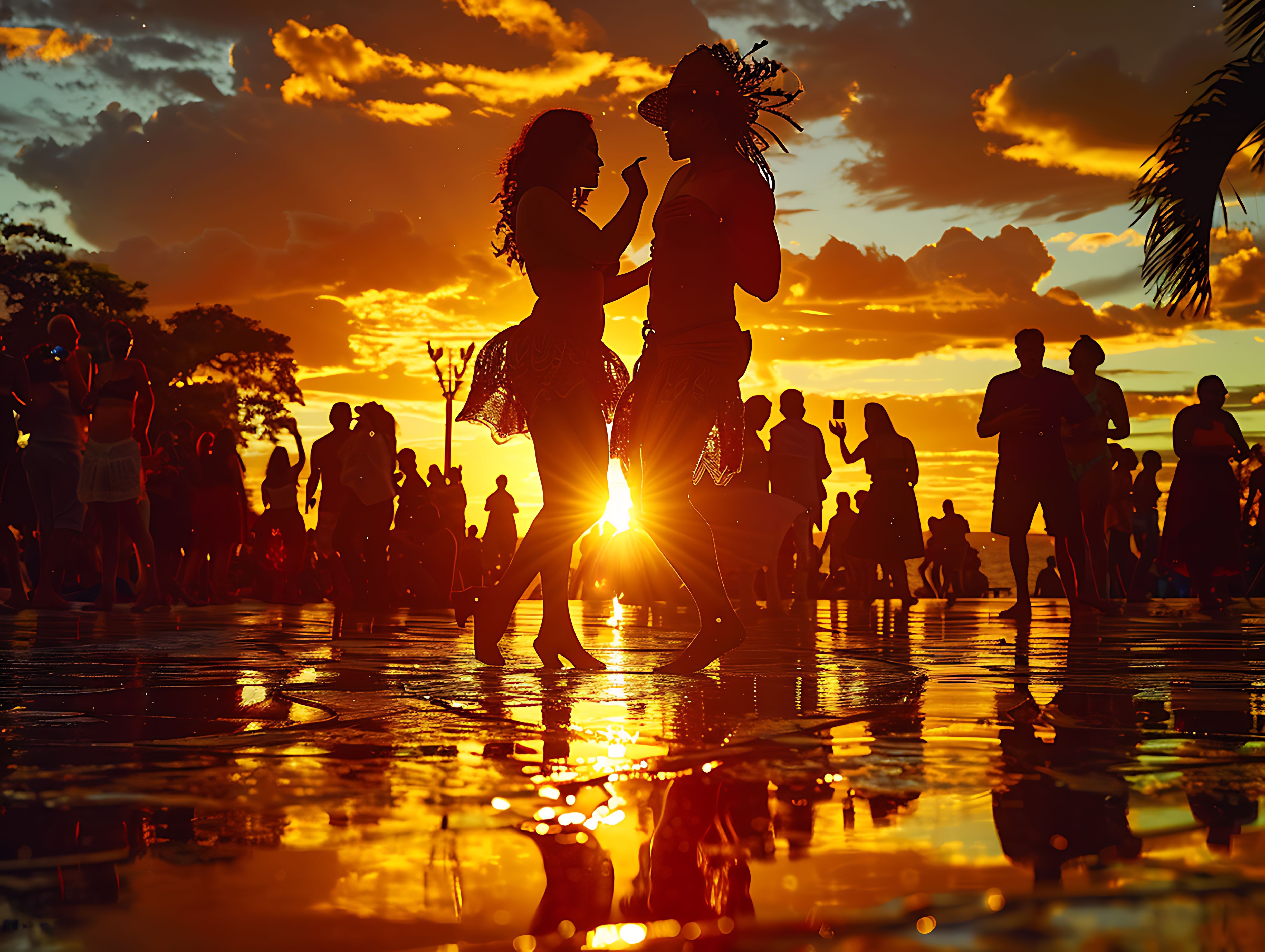 soirees-plage-100-gwada-guadeloupe-fete-coucher-soleil soirée plage en action au coucher de soleil en Guadeloupe, ambiance festive et réaliste