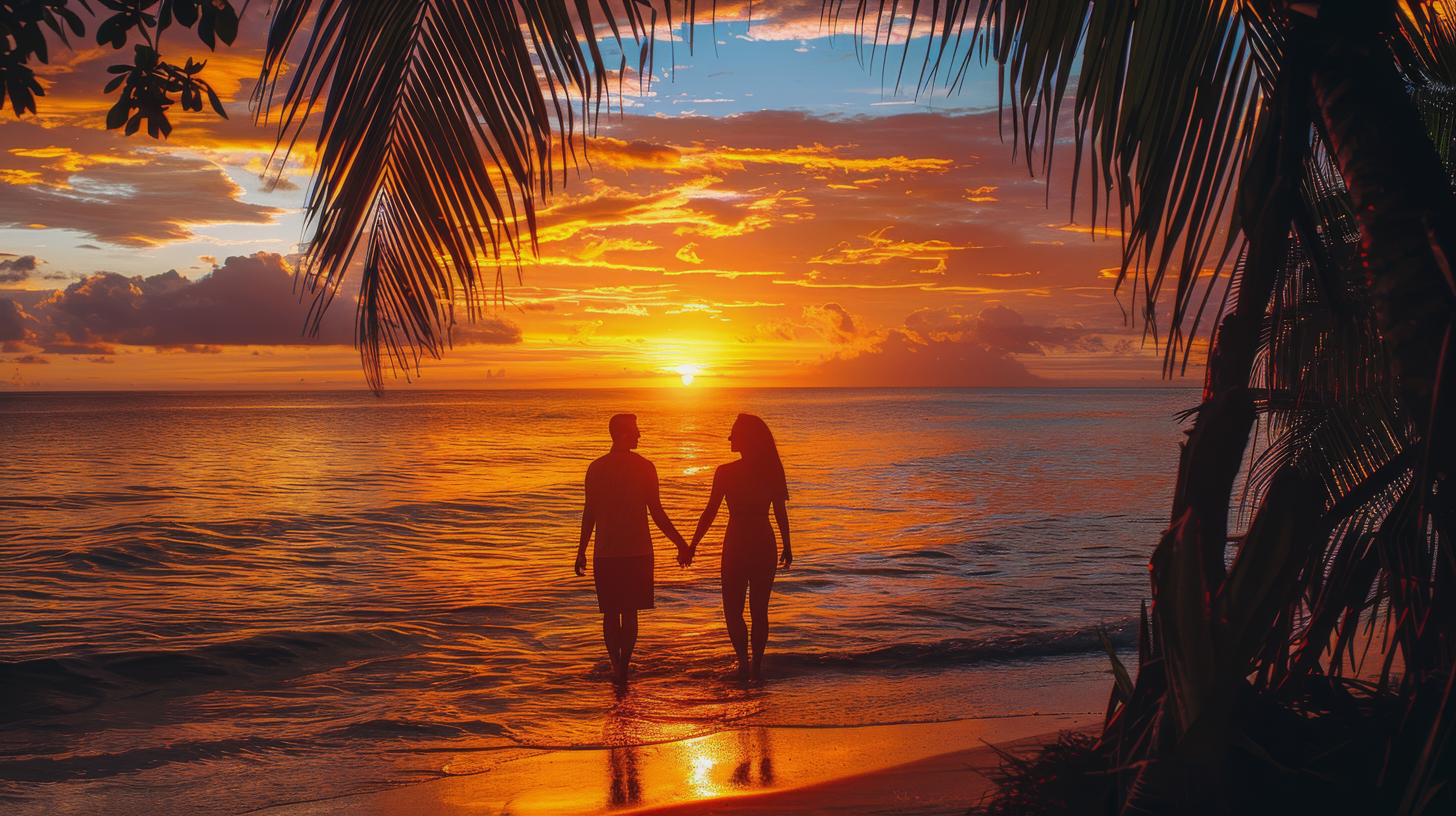 couple romantique sur la plage au coucher du soleil en Guadeloupe